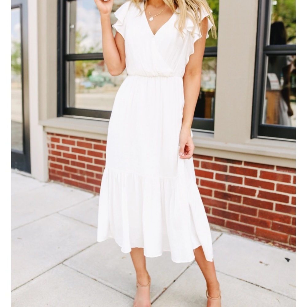 Ruffle Sleeve Surplice White Midi Dress